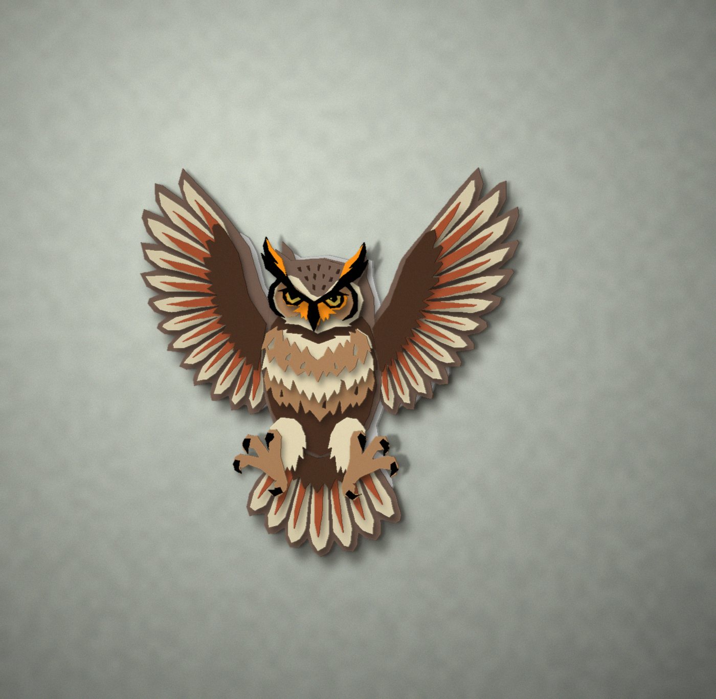 The Owl on a pale grey wall, seen from the left