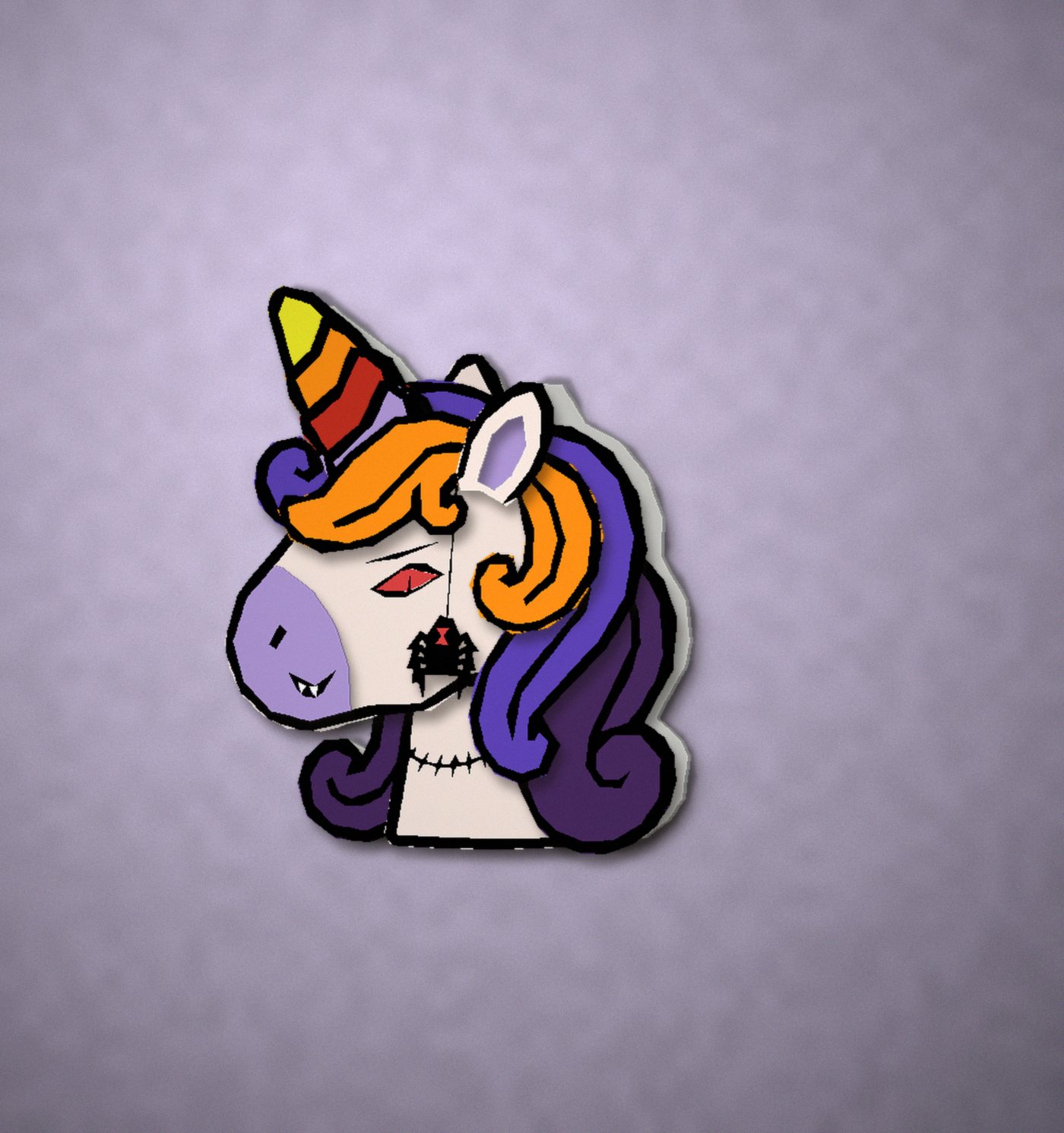 El Unicornio zombi en una pared lila, visto desde la izquierda